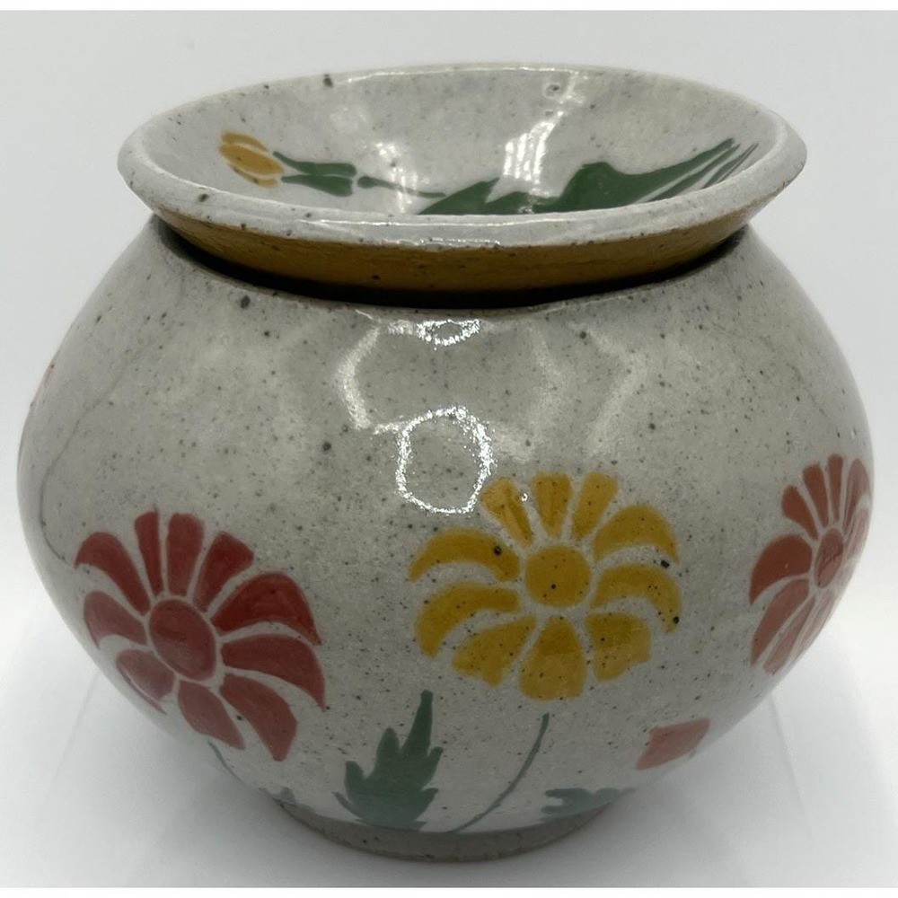Art Pottery Jar w/ Lid Bowl Gray Speckled W/ Colorful Daisies Daisy Handmade